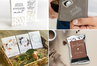 Collage of four engagement party favor ideas, including mints, coasters, coffee bags, and flower seeds