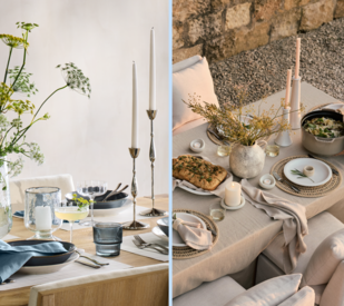 split screen image of bright indoor tablescape and elevated outdoor tablescape