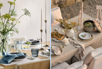 split screen image of bright indoor tablescape and elevated outdoor tablescape