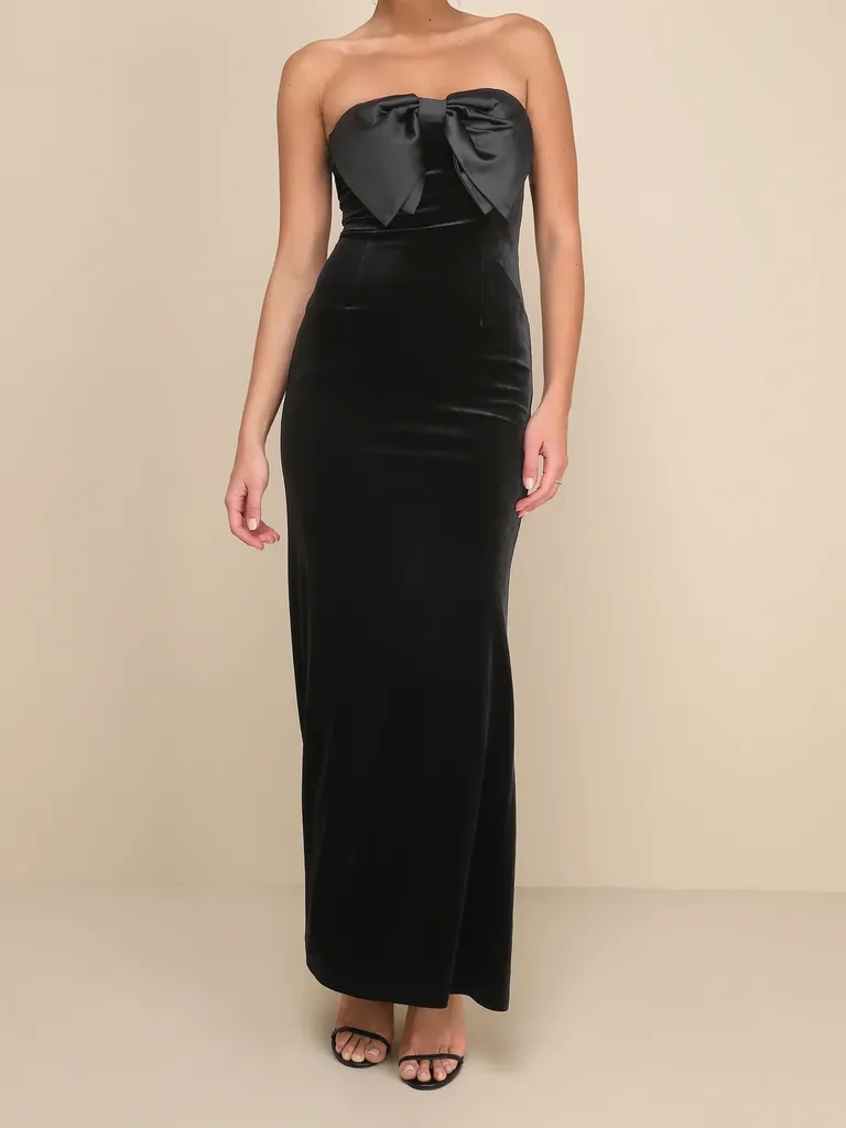 Black velvet strapless wedding guest dress winter from Lulus