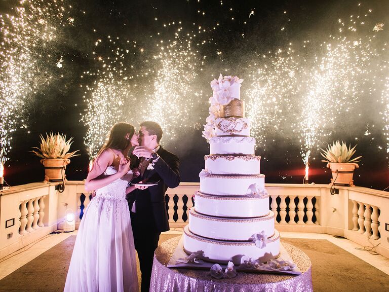 Wedding reception cake-cutting ceremony and fireworks display