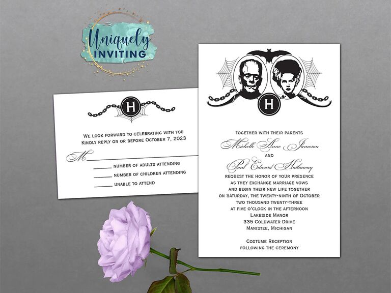 Frankenstein and bride of Frankenstein graphics and personalized initial above event details in black on white background