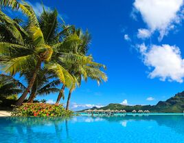 Bora Bora's lush greenery with overwater bungalows in the distance