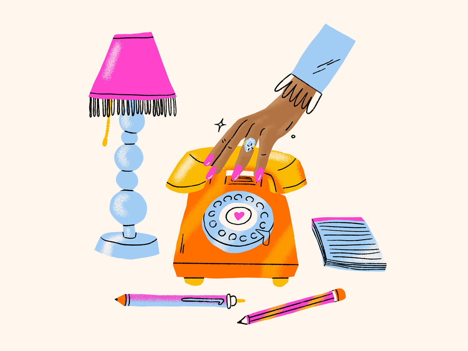 Illustration of hand picking up phone with lamp and notepad