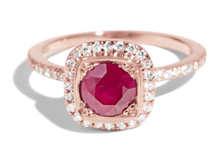 ruby and diamond halo engagement ring