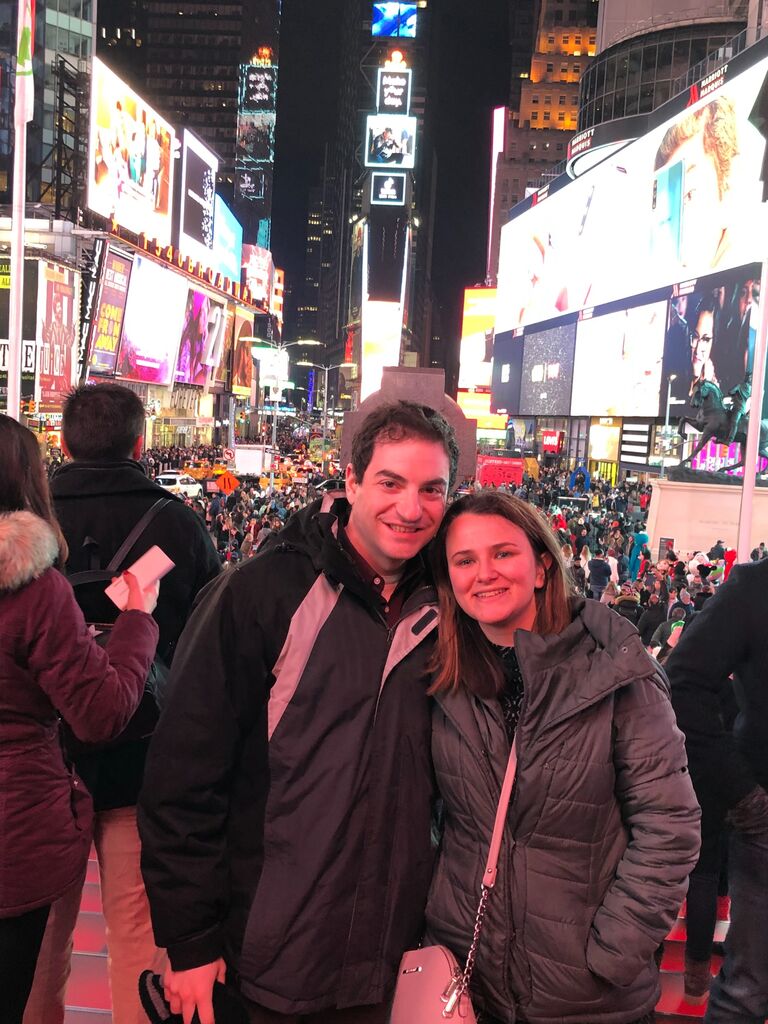 Standing on the red stairs in Times Square right before seeing Tootsie on Broadway, David told Elyssa he loves her for the first time (now you all know why Elyssa loves Times Square so much!).