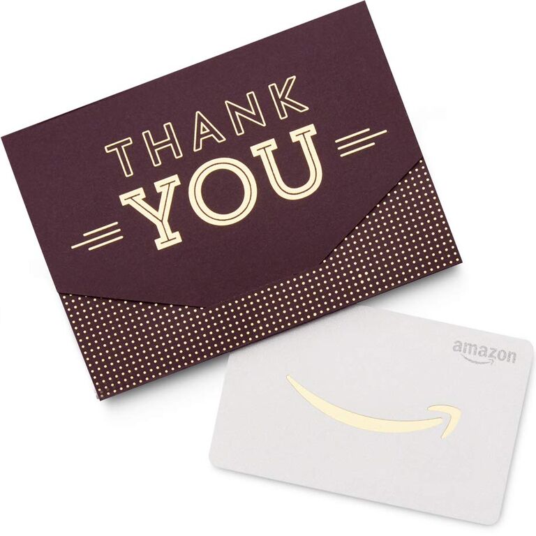 Amazon gift card with paper envelope that reads Thank You thank-you gift