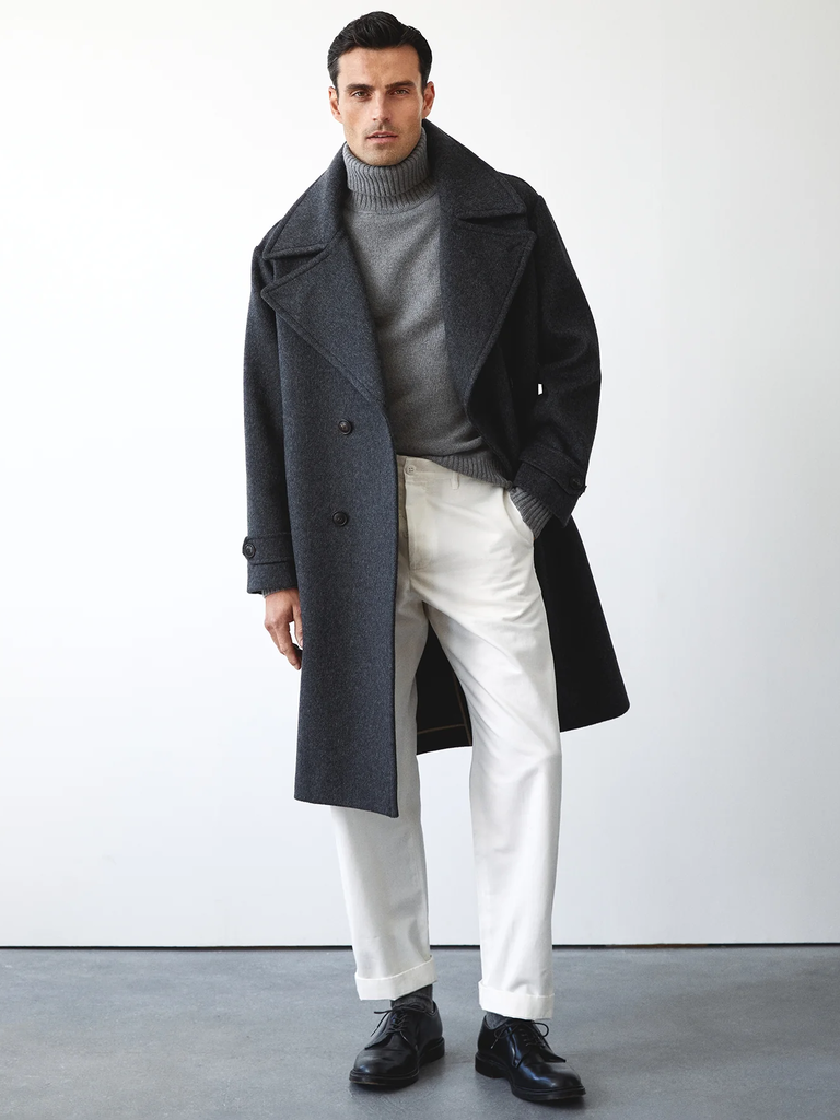 Todd Snyder Oversized Double-Breasted Topcoat for winter wedding attire