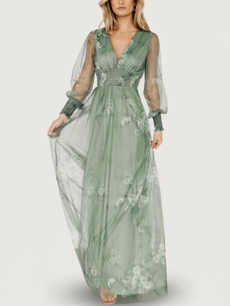 Baltic Børn tulle maxi plus size wedding guest dress in dusty green floral