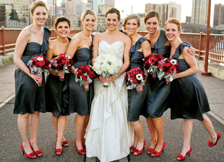 grey and red bridesmaid dresses