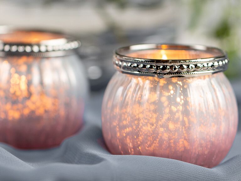 Elegant glass pink marble candle with beaded ring around top