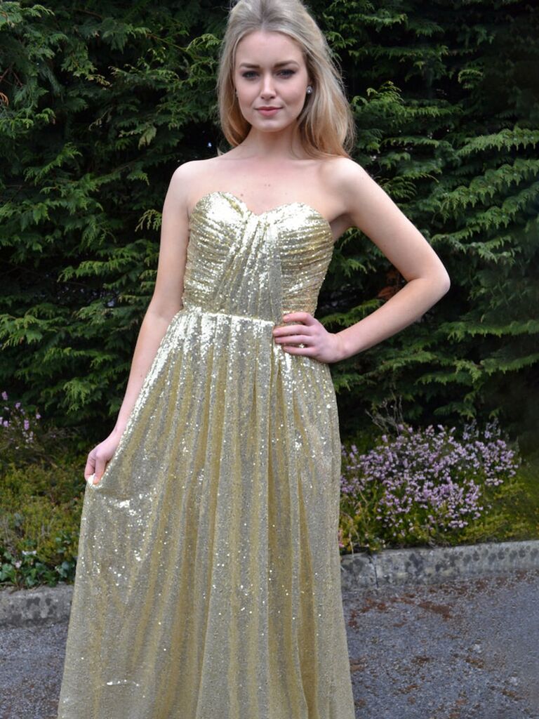 etsy gold strapless bridesmaid dress with sequins