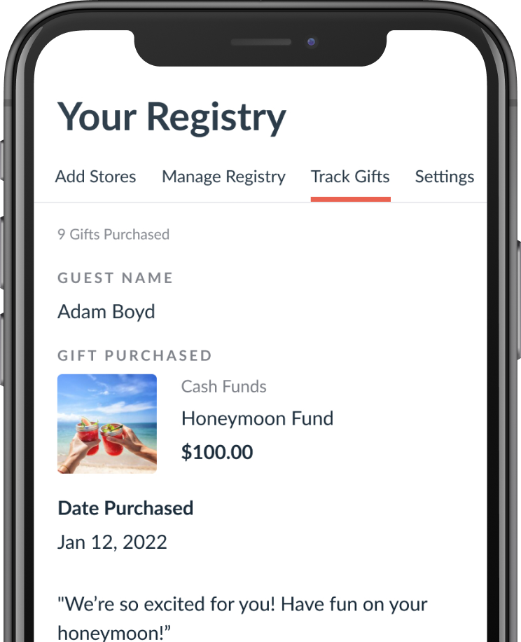 The registry section of The Knot app with tabs to add stores, manage registry and track gifts. The track gifts tab shows gifts purchased along with guest name, date purchased and a note.
