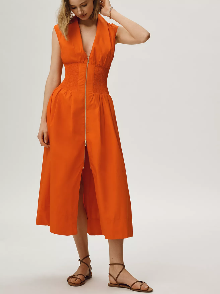 Maeve zip-front orange rehearsal dinner guest dress