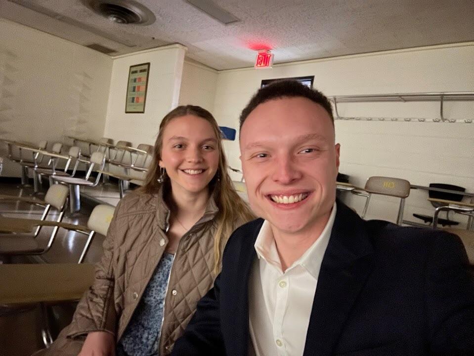 On their 1 year anniversary, Nick setup a scavenger hunt of all their favorite places in Lexington. This is a picture in the lecture hall where we took the same Physics II class and our electricity began!