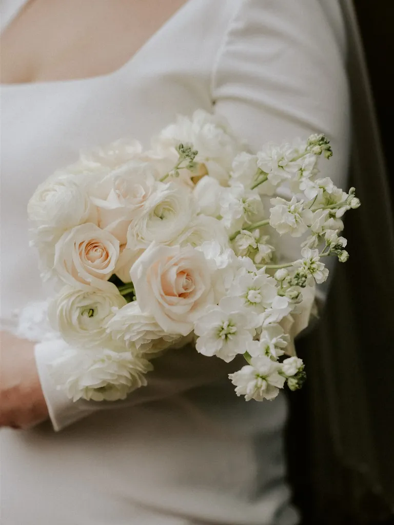 Winter wedding bouquet of white gardenias, taylor swift themed wedding 