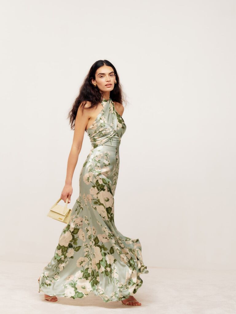 Floral silk dress for a formal wedding guest by Reformation. 