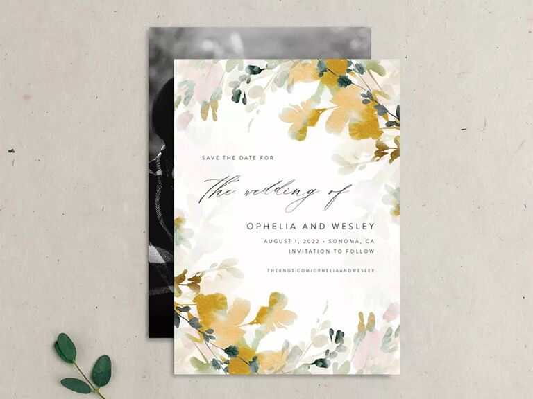 Watercolor yellow florals framing event details on white background 