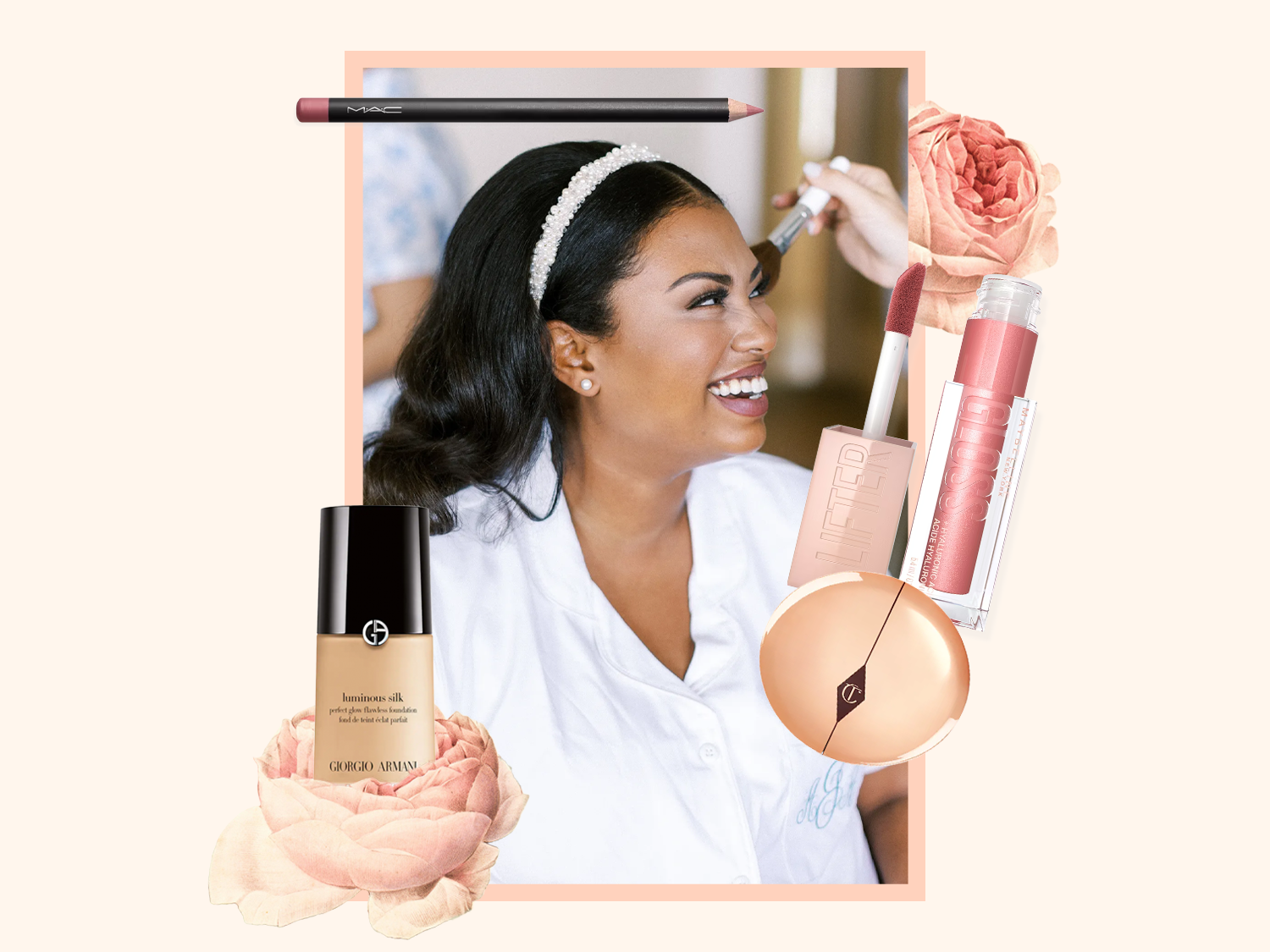 Collage of favorite wedding makeup products. 