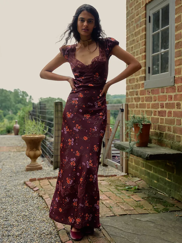 Brown floral cottage core maxi dress with lace trim for wedding guests and bridesmaids
