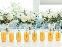 mimosas in champagne glasses customized with bridesmaids names 