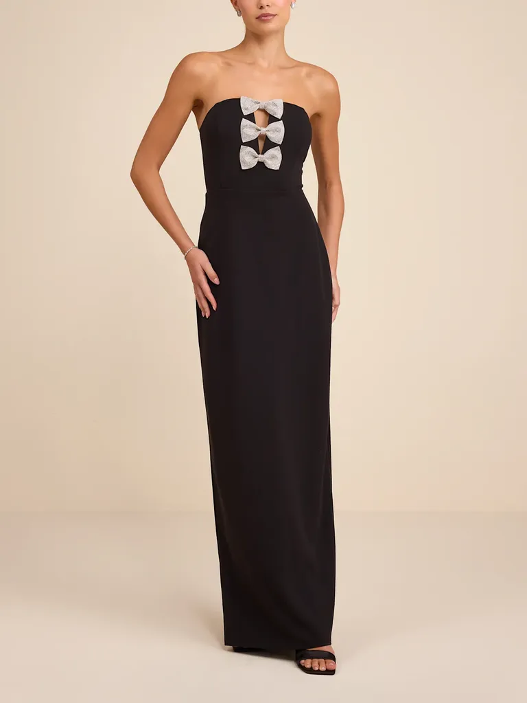 Black strapless column dress with rhinestone bows winter wedding guest dress from Lulus