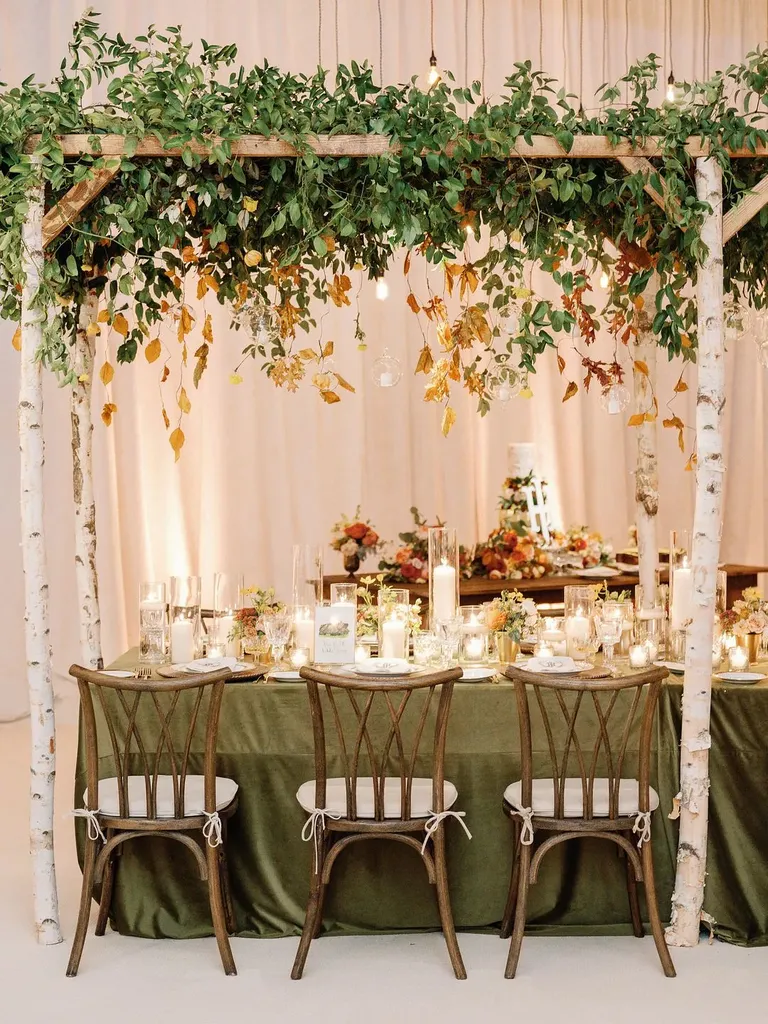 Aspen tree canopy at wedding reception, taylor swift themed wedding