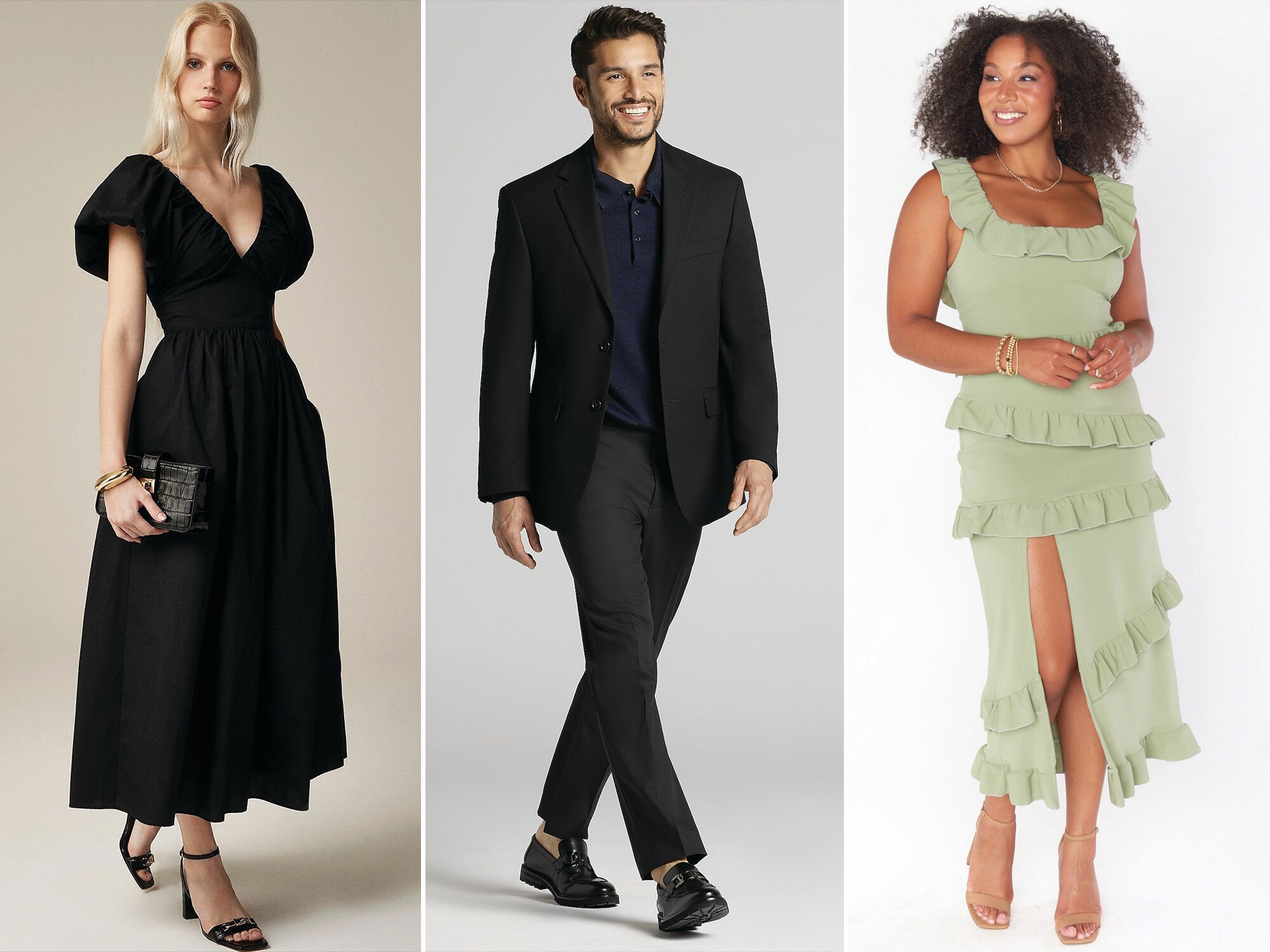 Three semi-formal wedding guest outfits