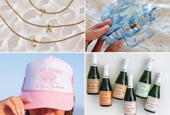 Collage of bachelorette party favors: initial necklaces, claw clips, mini champagne bottles with custom labels, personalized trucker hat