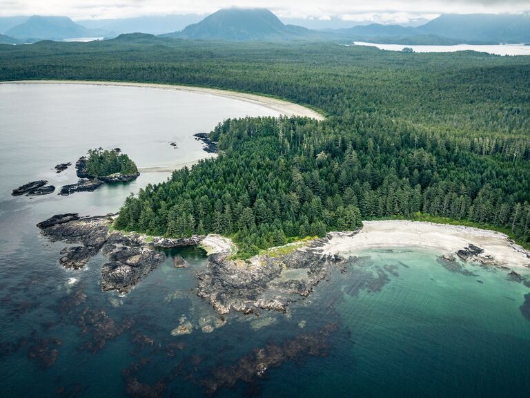 Aerial view of Tofino coastline, Pacific Rim National Park, Vancouver Island, British Columbia, Canada.