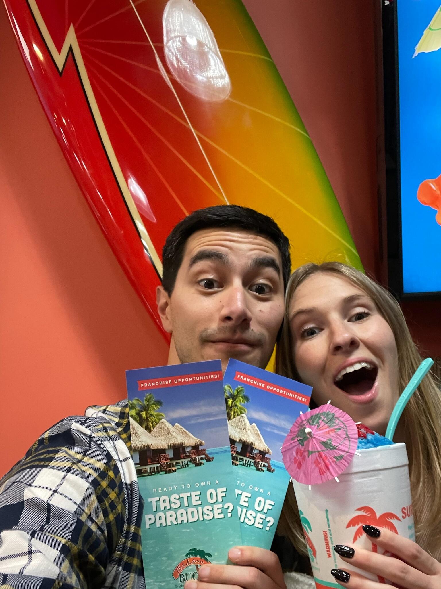 "let's pose like we won a sweepstakes trip to an island" - Adam