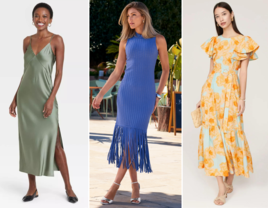 Collage of three beach wedding guest dresses for over 50