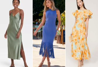 Collage of three beach wedding guest dresses for over 50