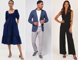 Three casual wedding attire outfits for men and women