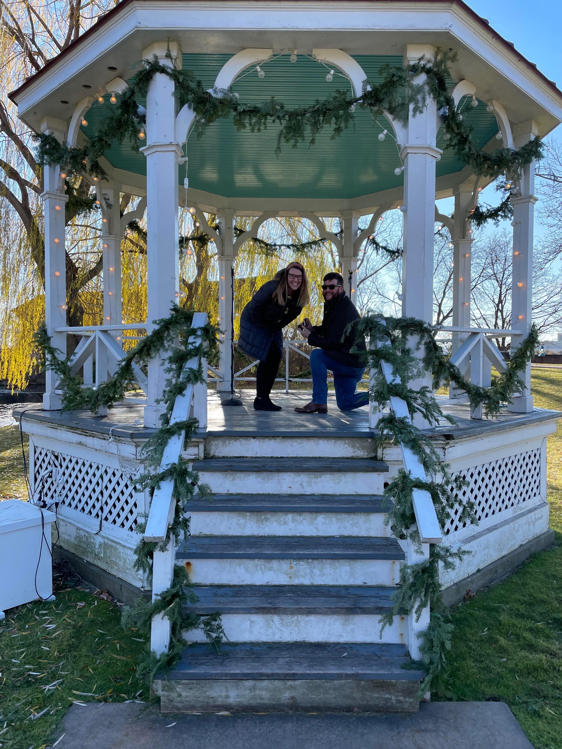 Surprise! Matt proposed to Claire while visiting Claire's family in Ohio and Michigan for Thanksgiving. Matt found the perfect gazebo to use while walking in Greenfield Village.