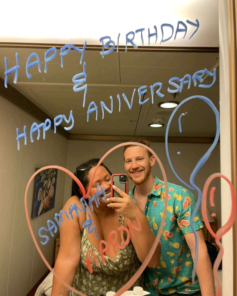 Celebrated Samantha's birthday and our 2 year anniversary on our cruise - our cabin steward left us this sweet message on our window!