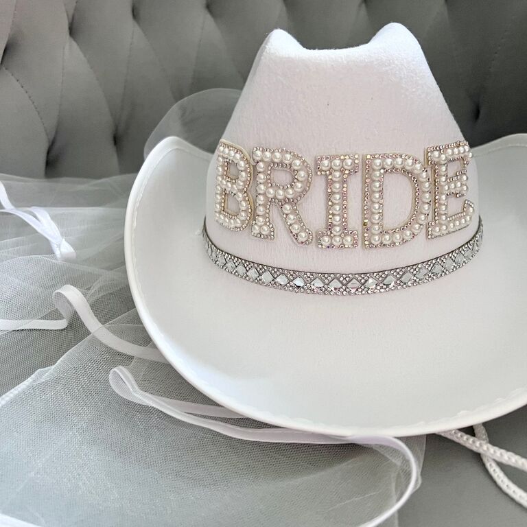 White Rhinestone Fringe COWBOY HAT Personalized With Rhinestone/pearl  Letters on the Front 