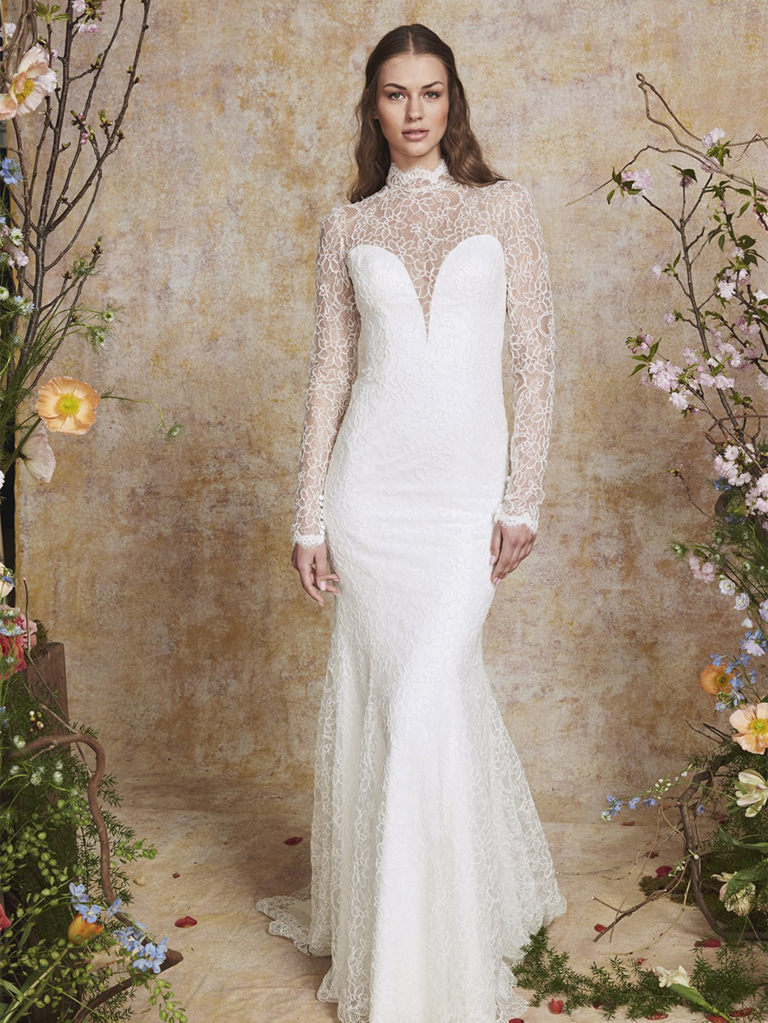 Long Sleeved High Neck Illusion Lace Sheath Wedding Dress With Slit