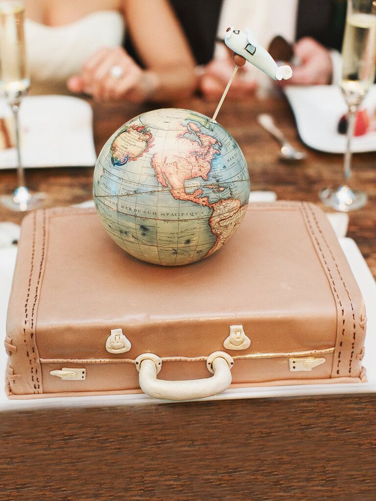 Globe and luggage travel-themed groom's cake idea