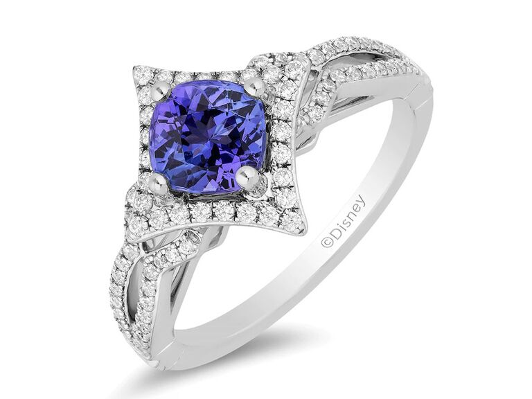 zales enchanted disney collection round tanzanite engagement ring with diamond shaped round diamond halo and round diamond split shank