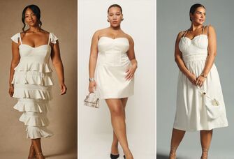 Three plus-size rehearsal dinner dresses