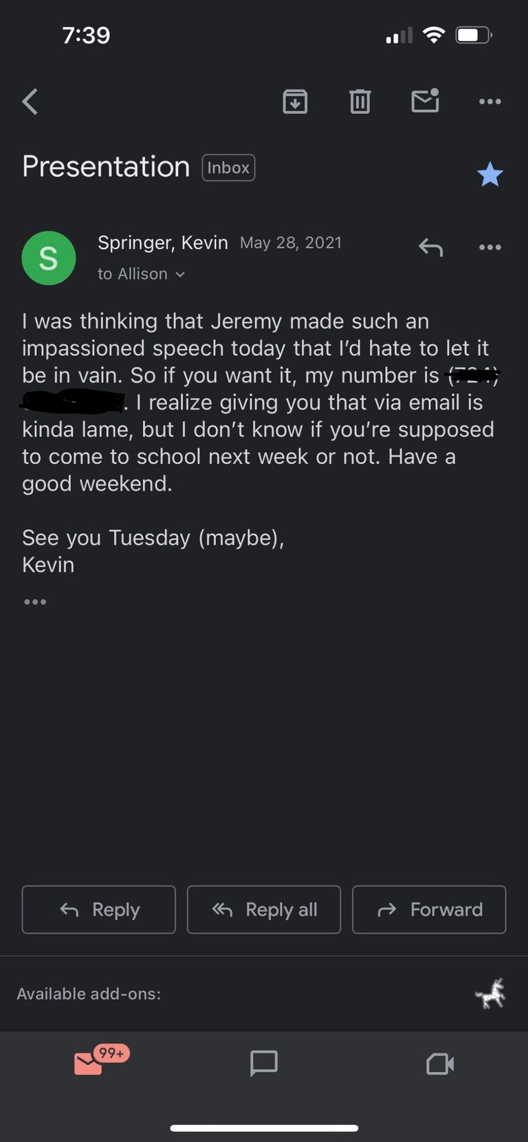 Our students give a speech on the last day of school about why we belong together. It led to this email.