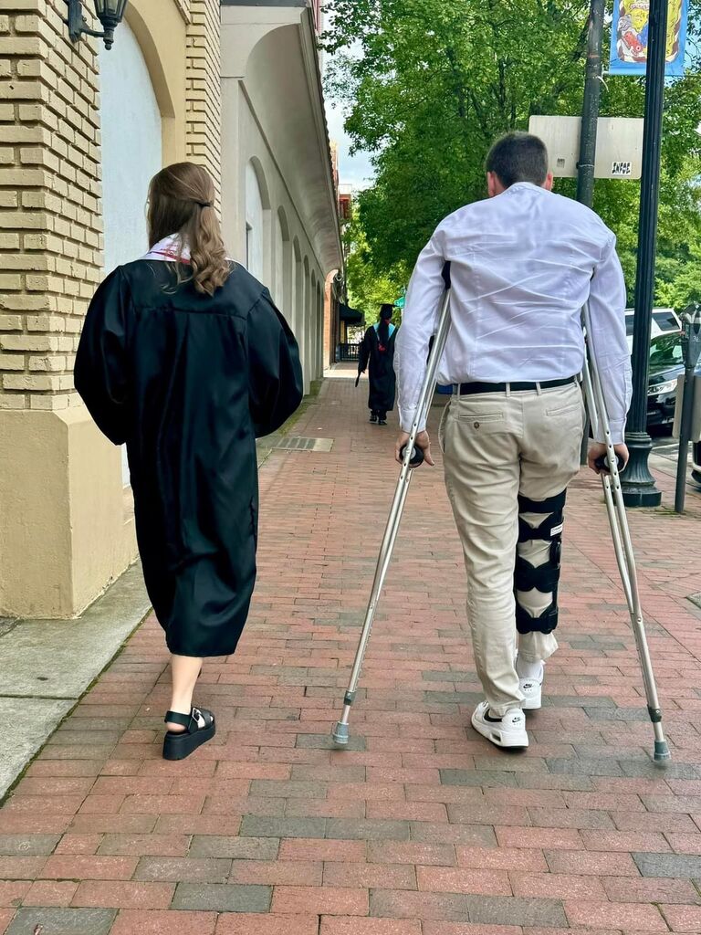 Abby's graduation - There are a lot of photos that could be shared from that day. but this one speaks volumes to the love that Dylan and Abby share. Dylan sat through not one, but two ceremonies for Abby, and crutched around all of Athens with nothing but a smile on his face. He was only three weeks post surgery and even though he was in a lot of pain, he was there to celebrate with Abby.