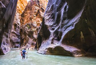 People hiking in zion narrow with virgin river in summer season, Zion National park, Utah.