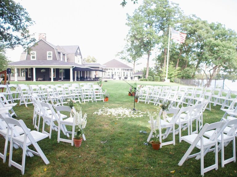 Circular seating arrangement at a backyard wedding