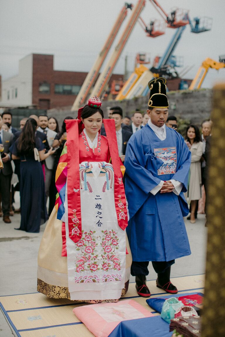 Couple wearing traditional Hanbok outfits for Korean wedding