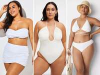 Collage of three plus size bridal swimsuits. 