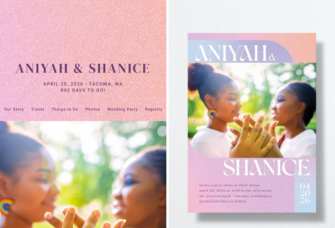 collage of wedding website and matching invitations with pink, orange, blue and purple gradient design