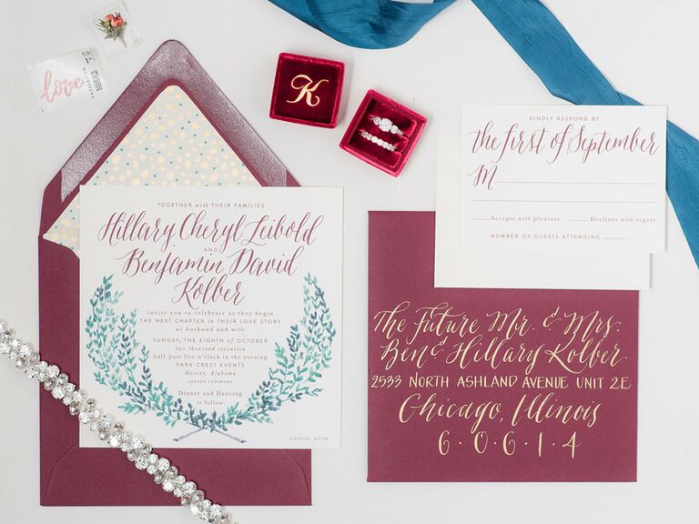 Mauve and teal fall wedding colors on invitations