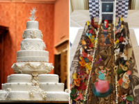 Collage of two most expensive wedding cakes including Kate Middleton and Prince William's and Debbie Wingham Runway Show Cake